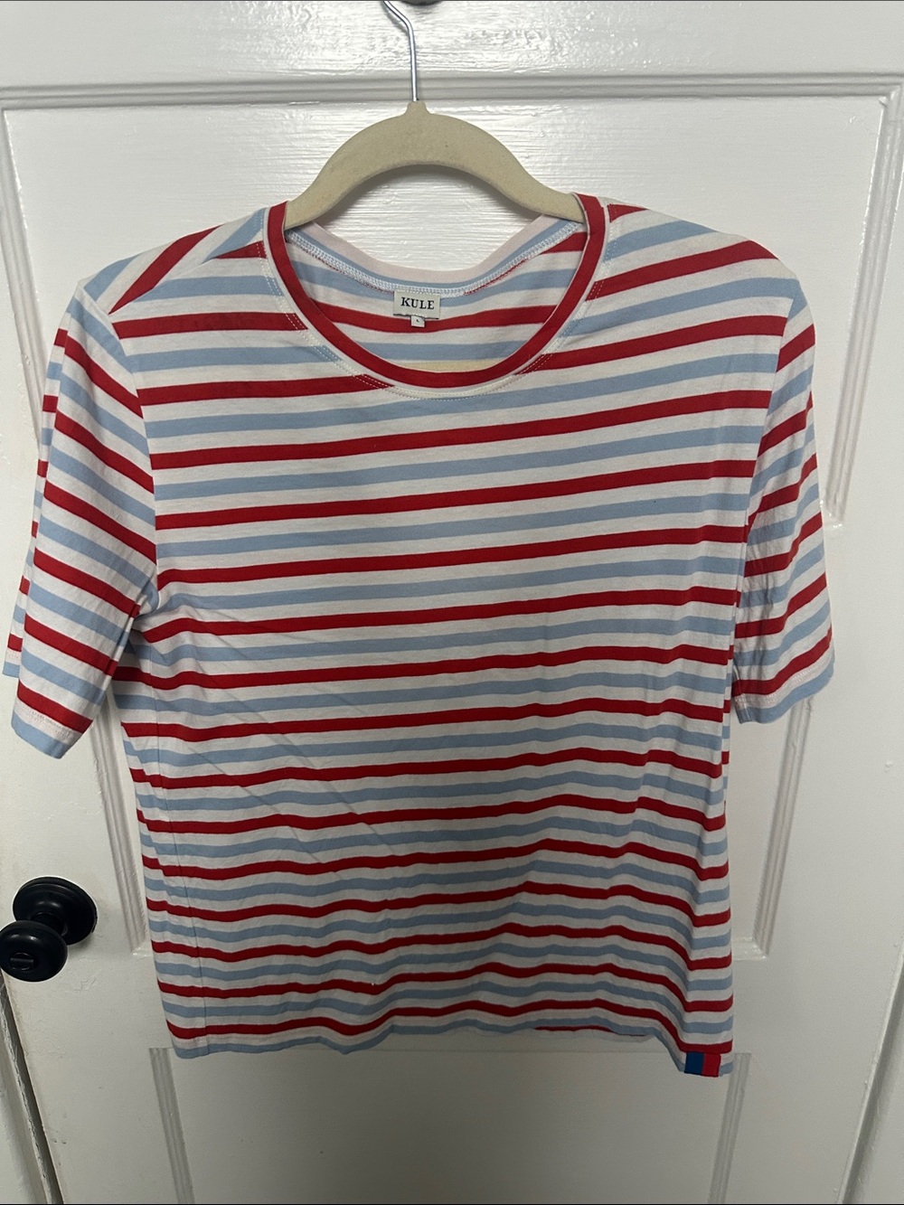 KULE Red, Light Blue and White Striped Crew Tee